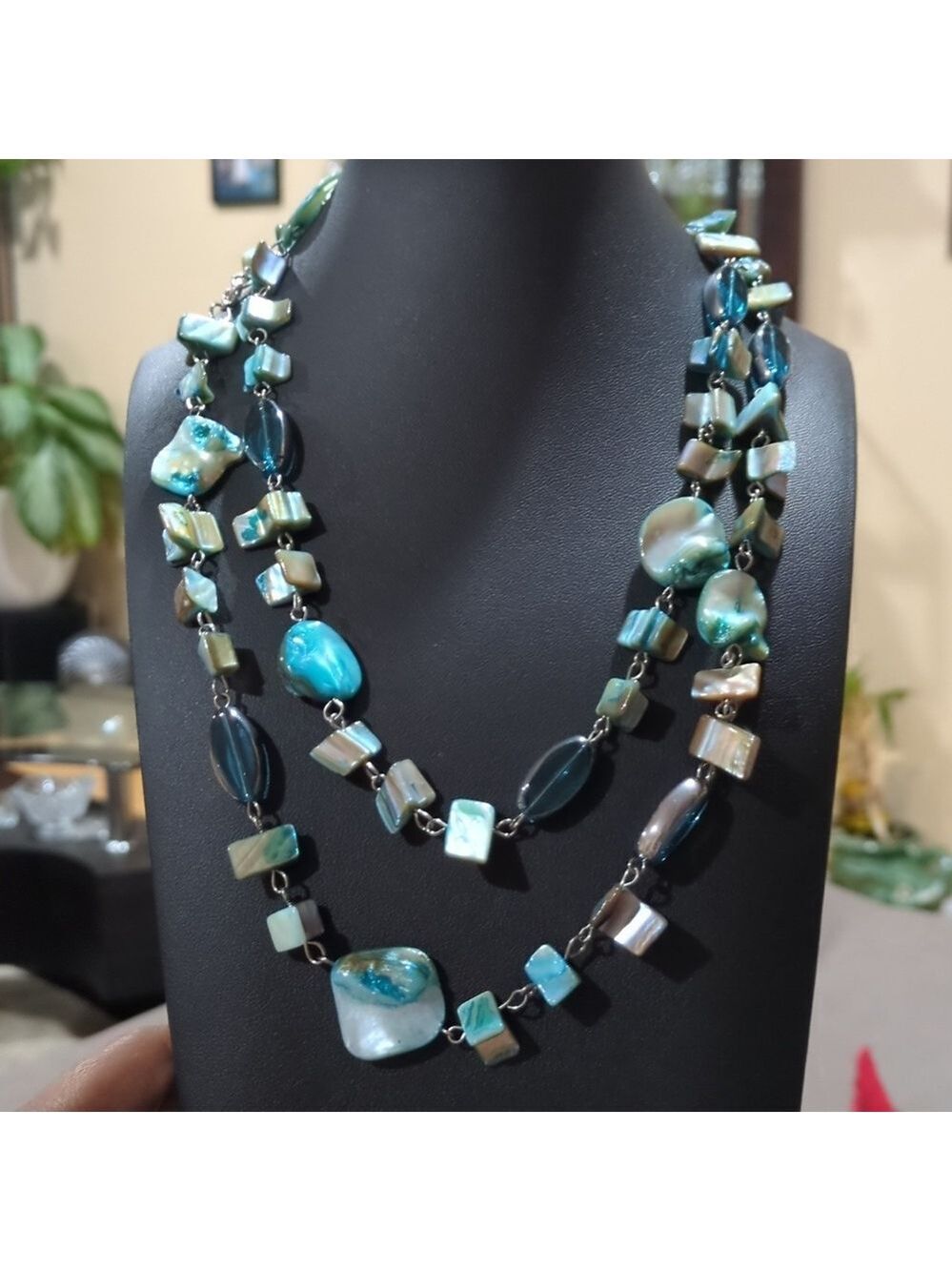 Shell Beaded & Glass Necklace‎ - Chunky Silver Toned Metal